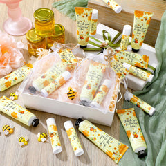 Elegant organza drawstring bag complements hand cream and lip balm