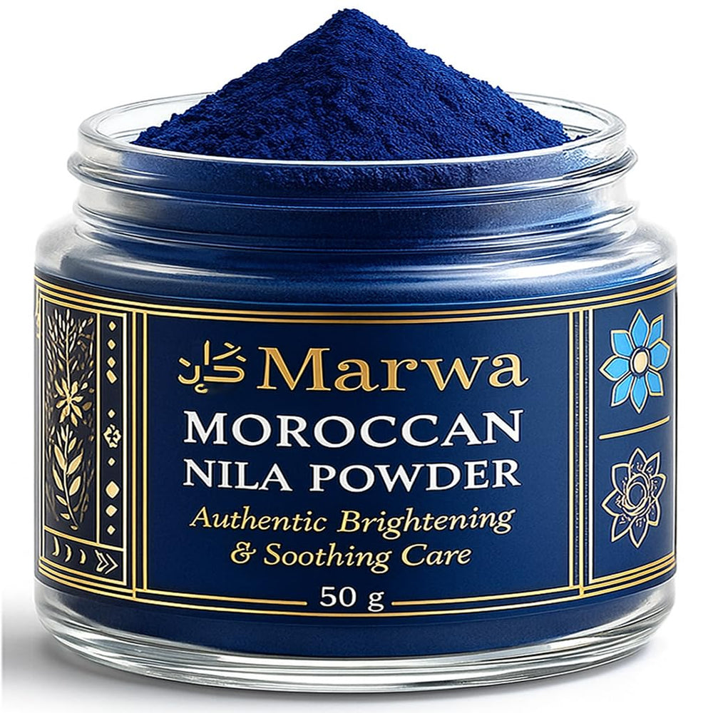 Dar Marwa Nila Powder jar shows pure Sahara indigo clay for radiant skin.
