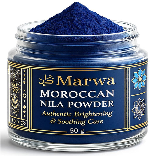 Dar Marwa Nila Powder jar shows pure Sahara indigo clay for radiant skin.
