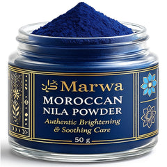 Dar Marwa Nila Powder jar shows pure Sahara indigo clay for radiant skin.