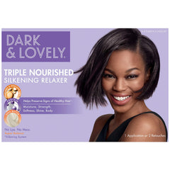 Dark and Lovely Healthy-Gloss 5 relaxer kit bottle close-up for salon-worthy smooth hair.