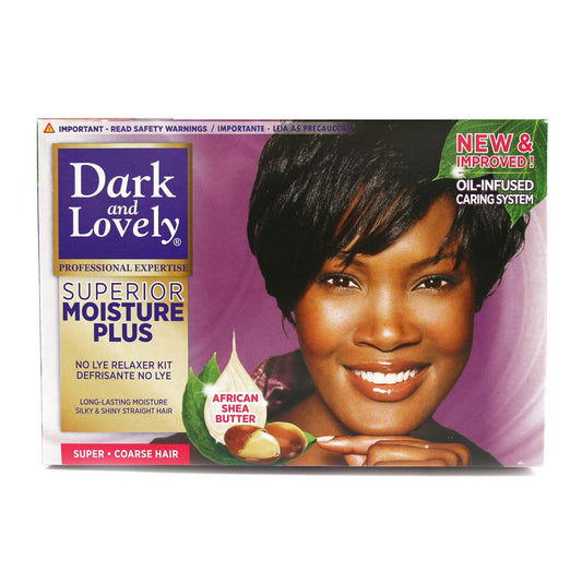 Dark and Lovely Healthy Gloss 5 Relaxer Kit package for at-home straightening and conditioning.