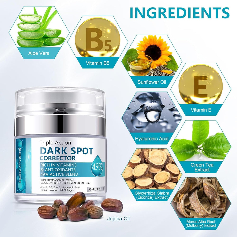 Face jar of Dark Spot Cream resting beside a skincare routine