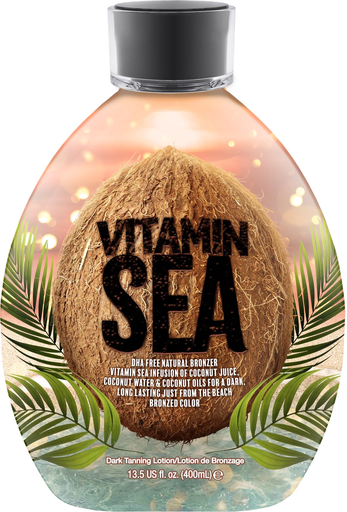 Dark Tans Exclusive Vitamin Sea natural bronzer bottle highlights DHA-free formula for sensitive skin and even tanning