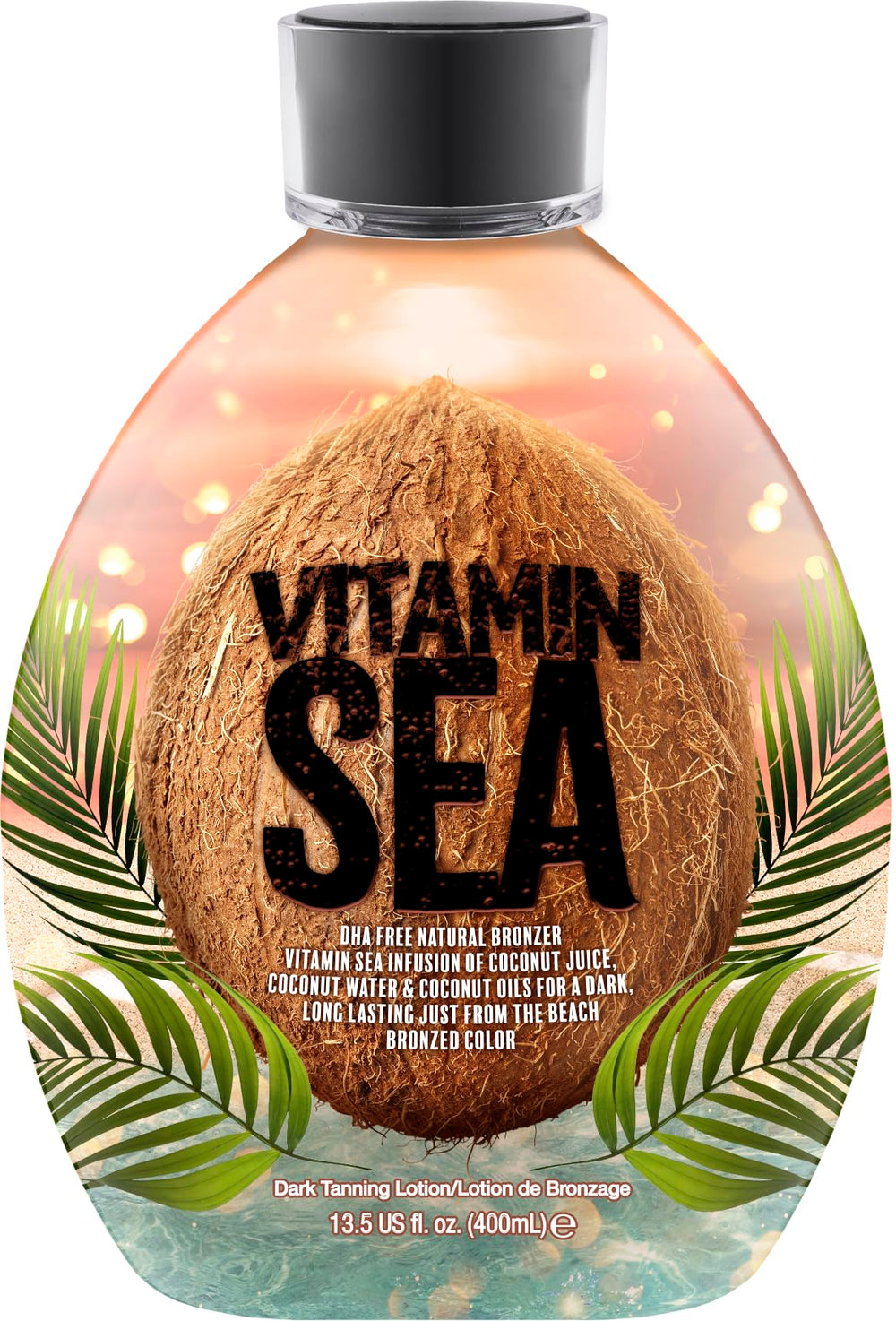 Dark Tans Exclusive Vitamin Sea natural bronzer bottle highlights DHA-free formula for sensitive skin and even tanning