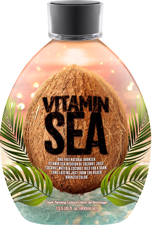 Dark Tans Exclusive Vitamin Sea natural bronzer bottle highlights DHA-free formula for sensitive skin and even tanning