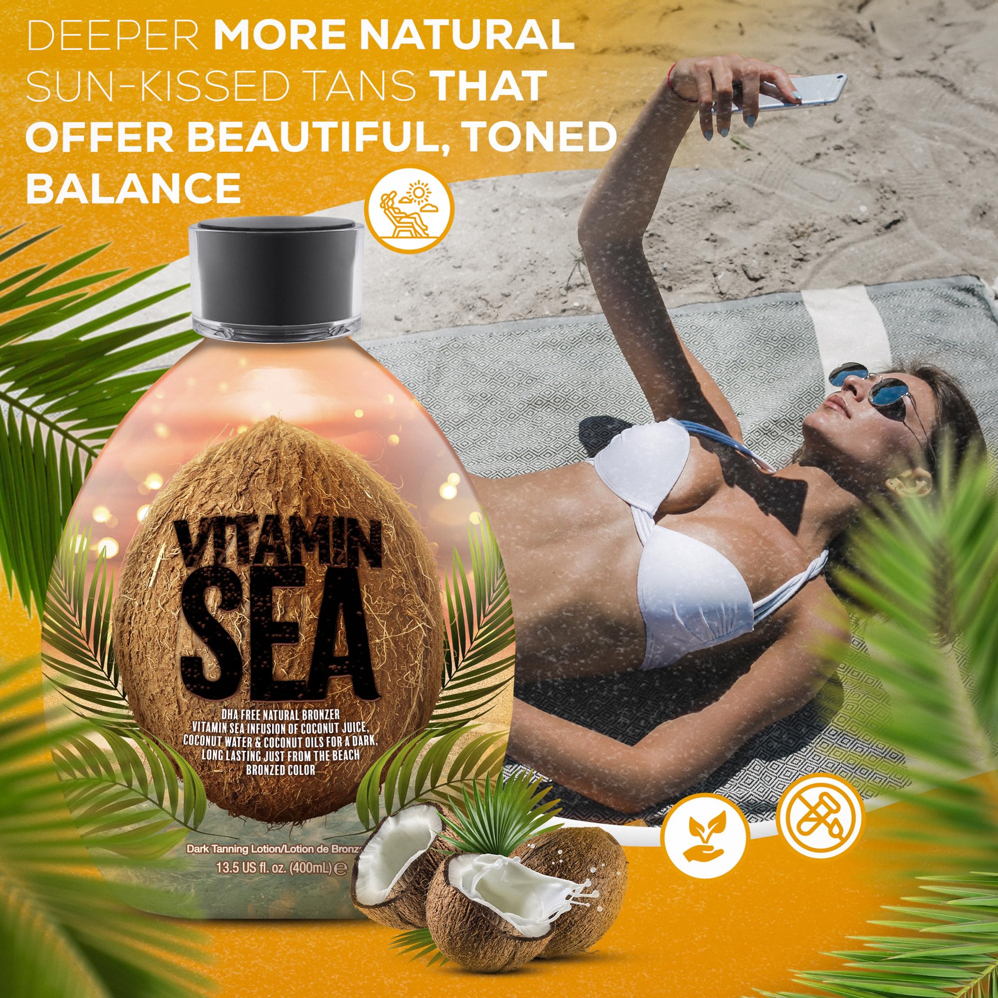 Dark Tans Exclusive Vitamin Sea bronzer label indicates DHA-free, skin friendly formula
