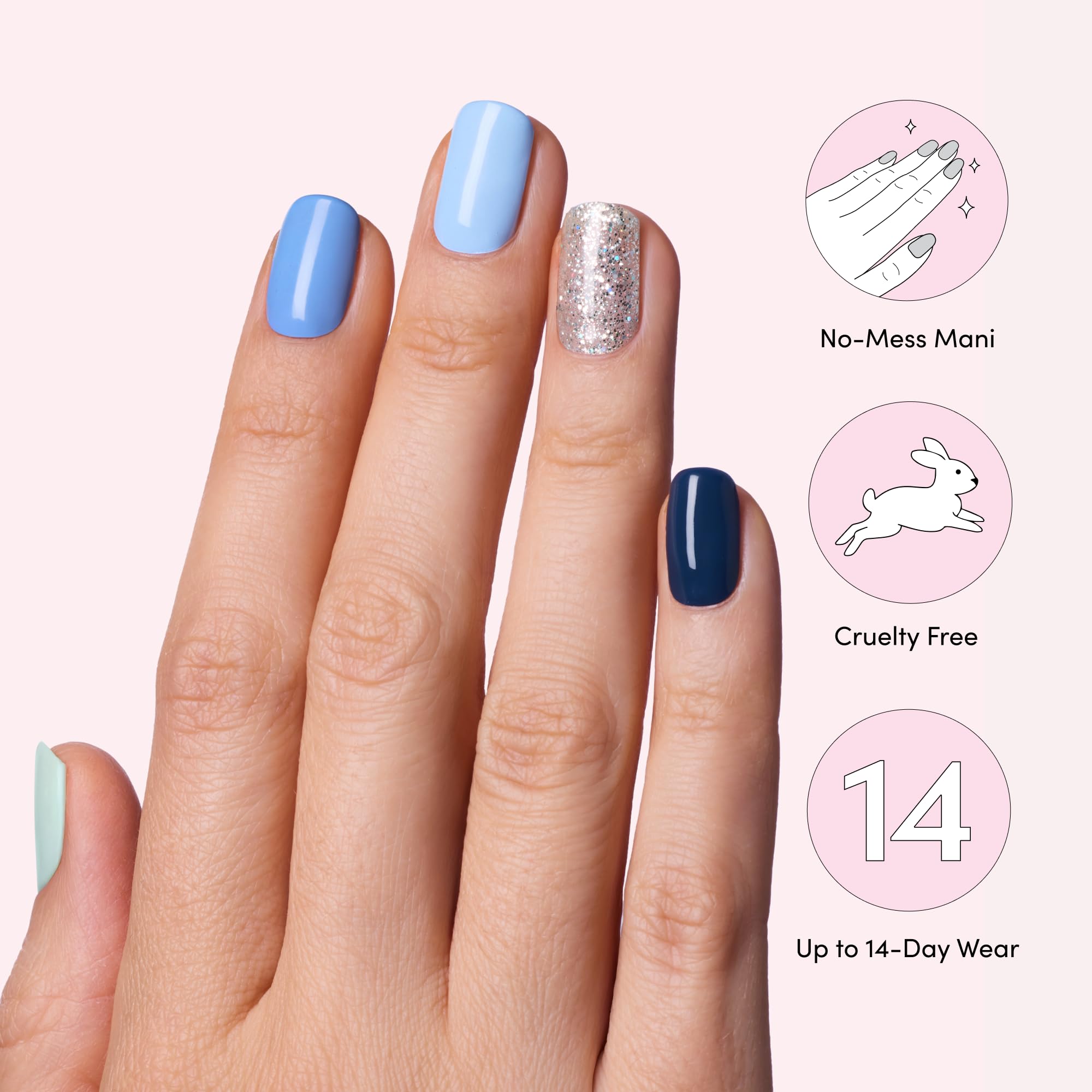 Dashing Diva blue-toned nail strips offer a bold, chip-resistant manicure.