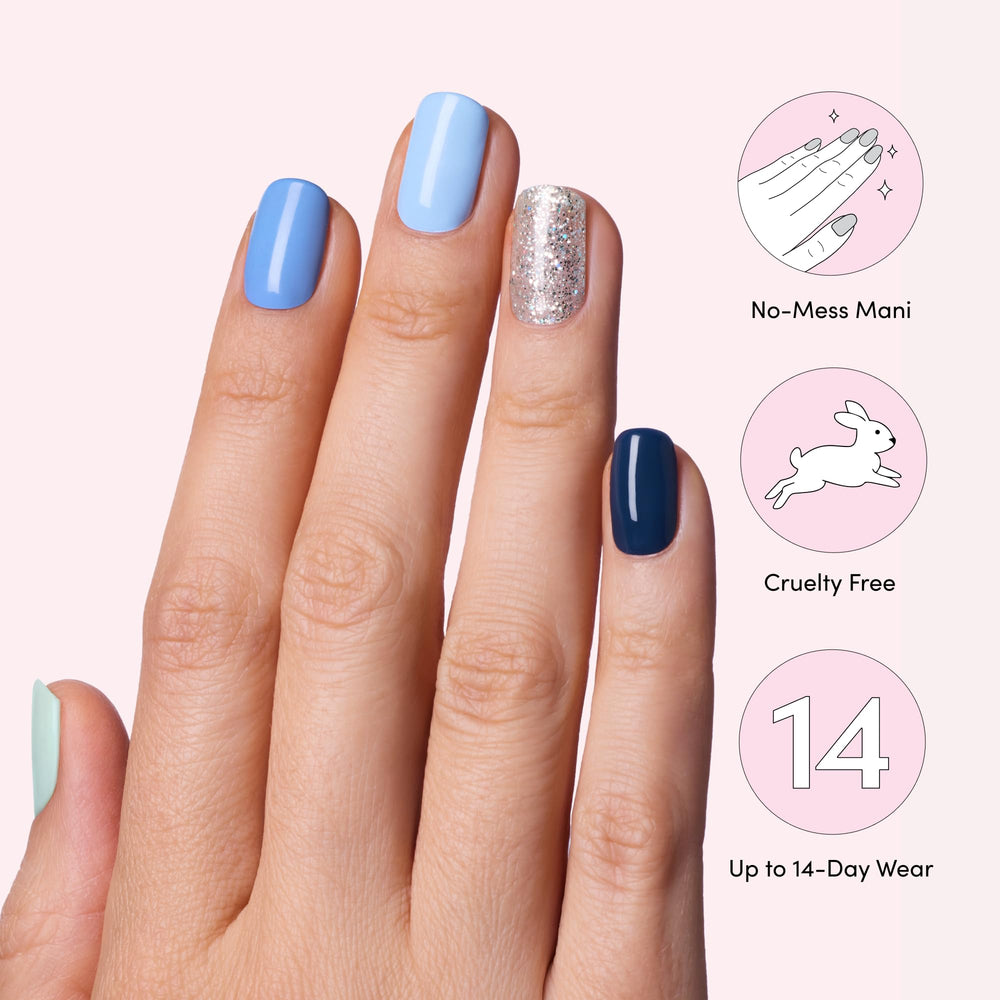 Dashing Diva blue-toned nail strips offer a bold, chip-resistant manicure.