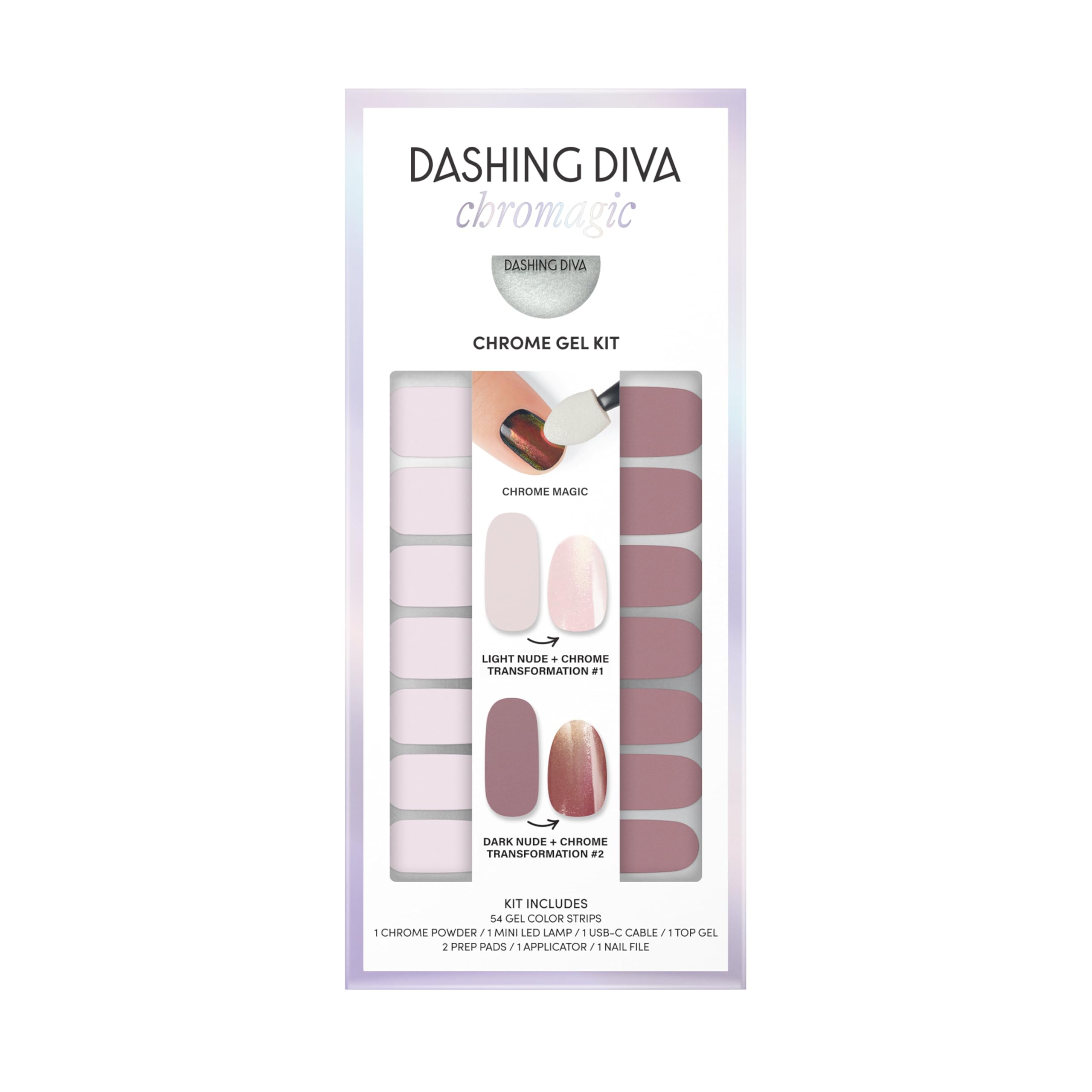 Dashing Diva Chromagic Bare to Beam nails with a durable, glossy nude-chrome look.