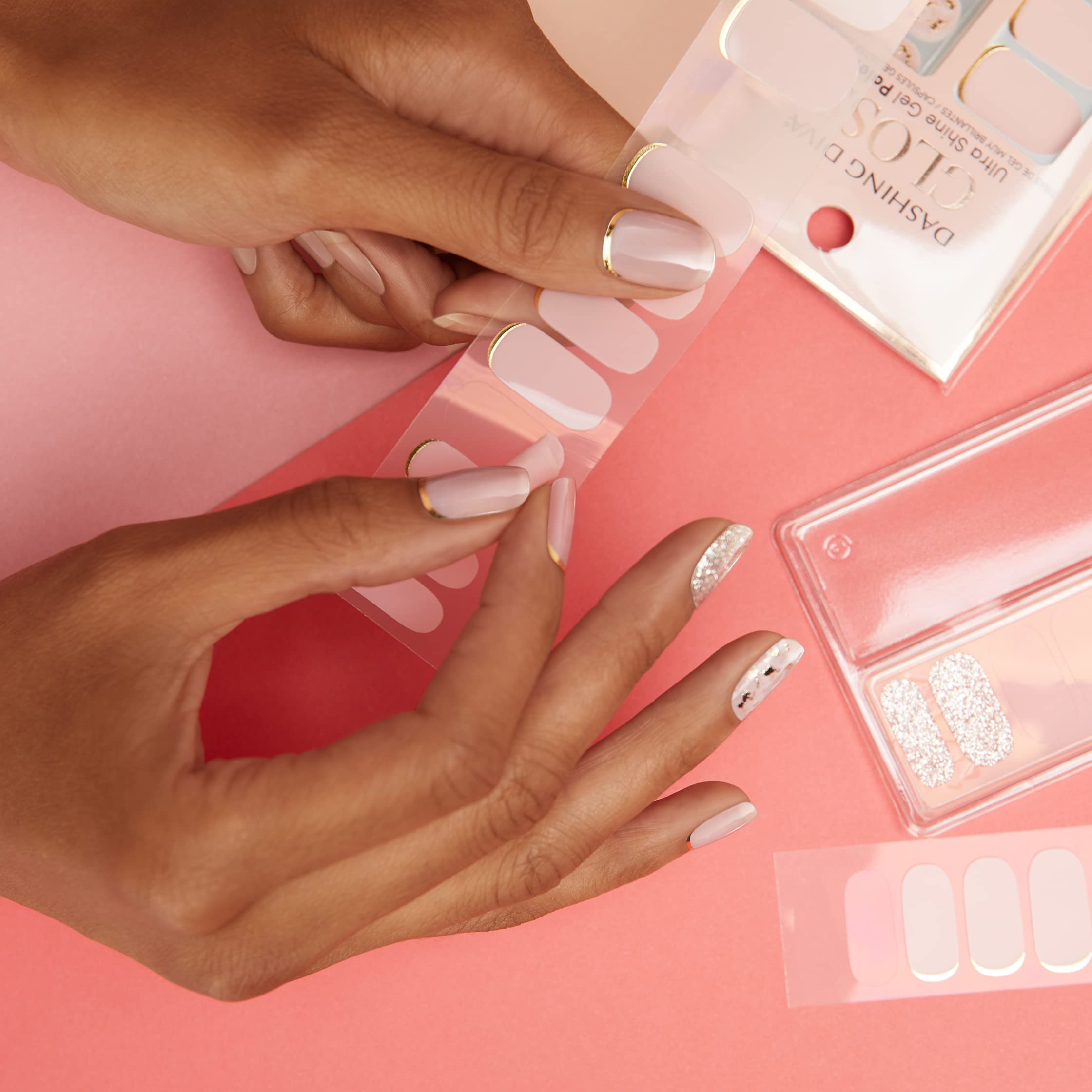 Dashing Diva Feeling Flush application on nails demonstrates fast, wrinkle-free gel strips.