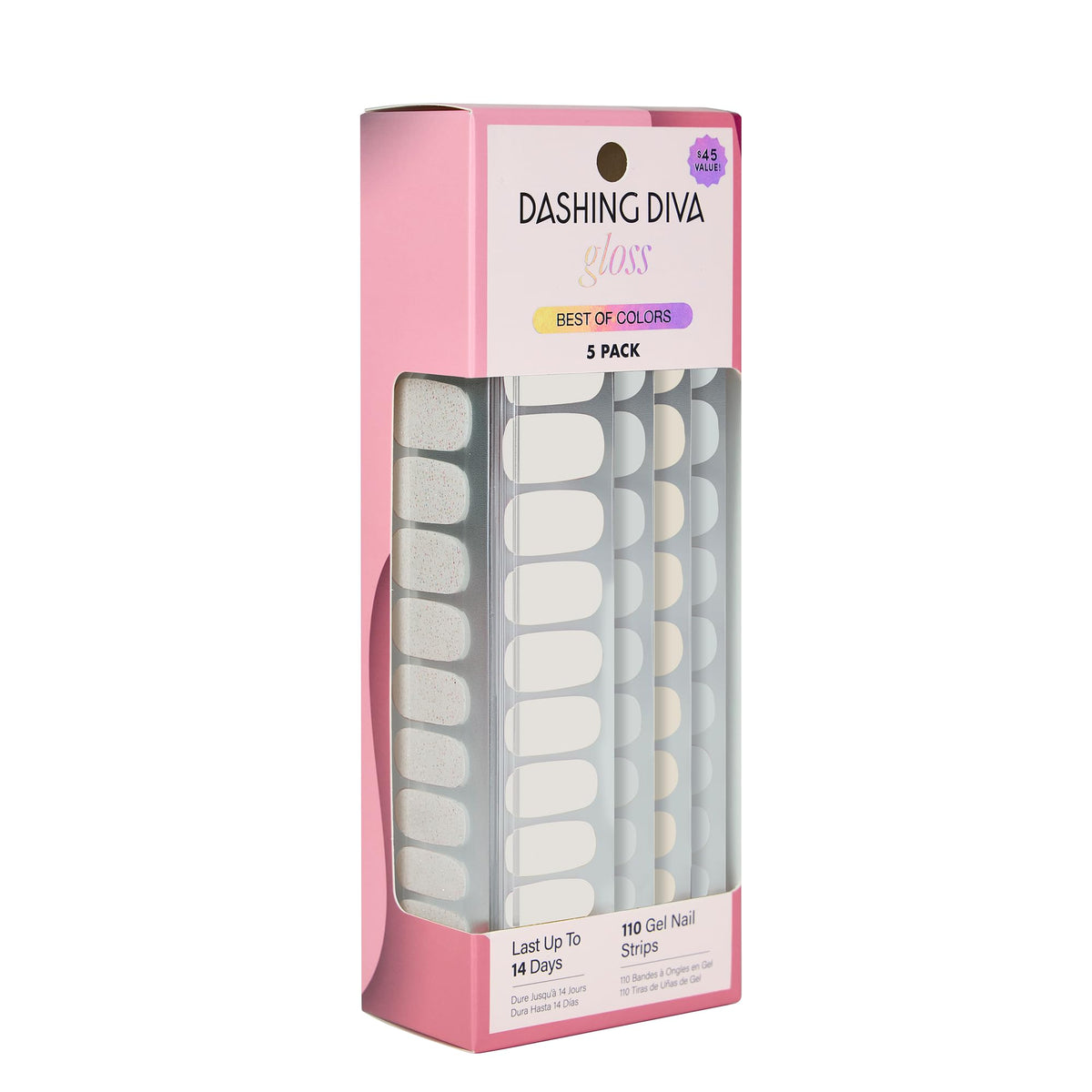 Dashing Diva Gloss Best of Blancs kit packaging with 110 wraps for at‑home manicures.