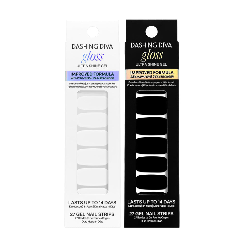 Dashing Diva Gloss Real Black packaging showing sleek nail strips and branding for a bold look.