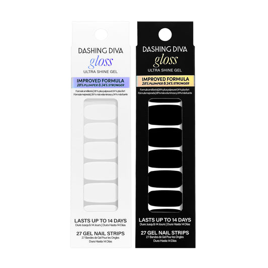 Dashing Diva Gloss Real Black packaging showing sleek nail strips and branding for a bold look.