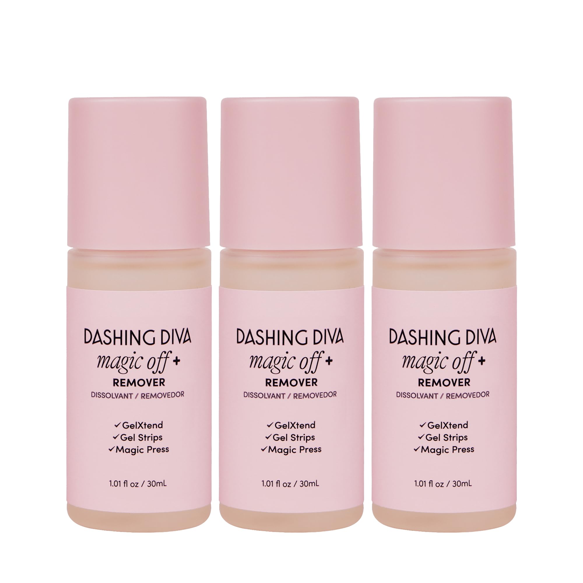 Dashing Diva Magic Off+ remover bottle showing hydrating formula for gentle removal