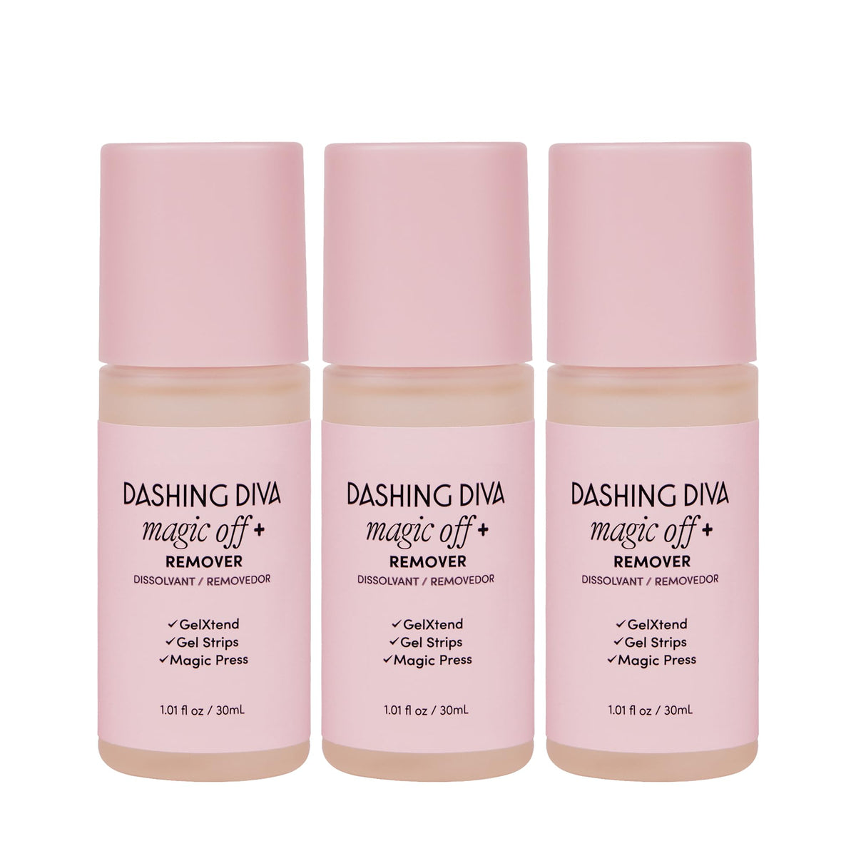 Dashing Diva Magic Off+ remover bottle showing hydrating formula for gentle removal