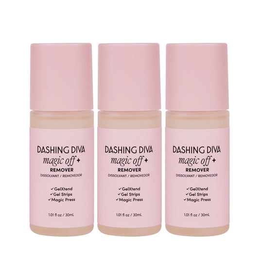 Dashing Diva Magic Off+ remover bottle showing hydrating formula for gentle removal