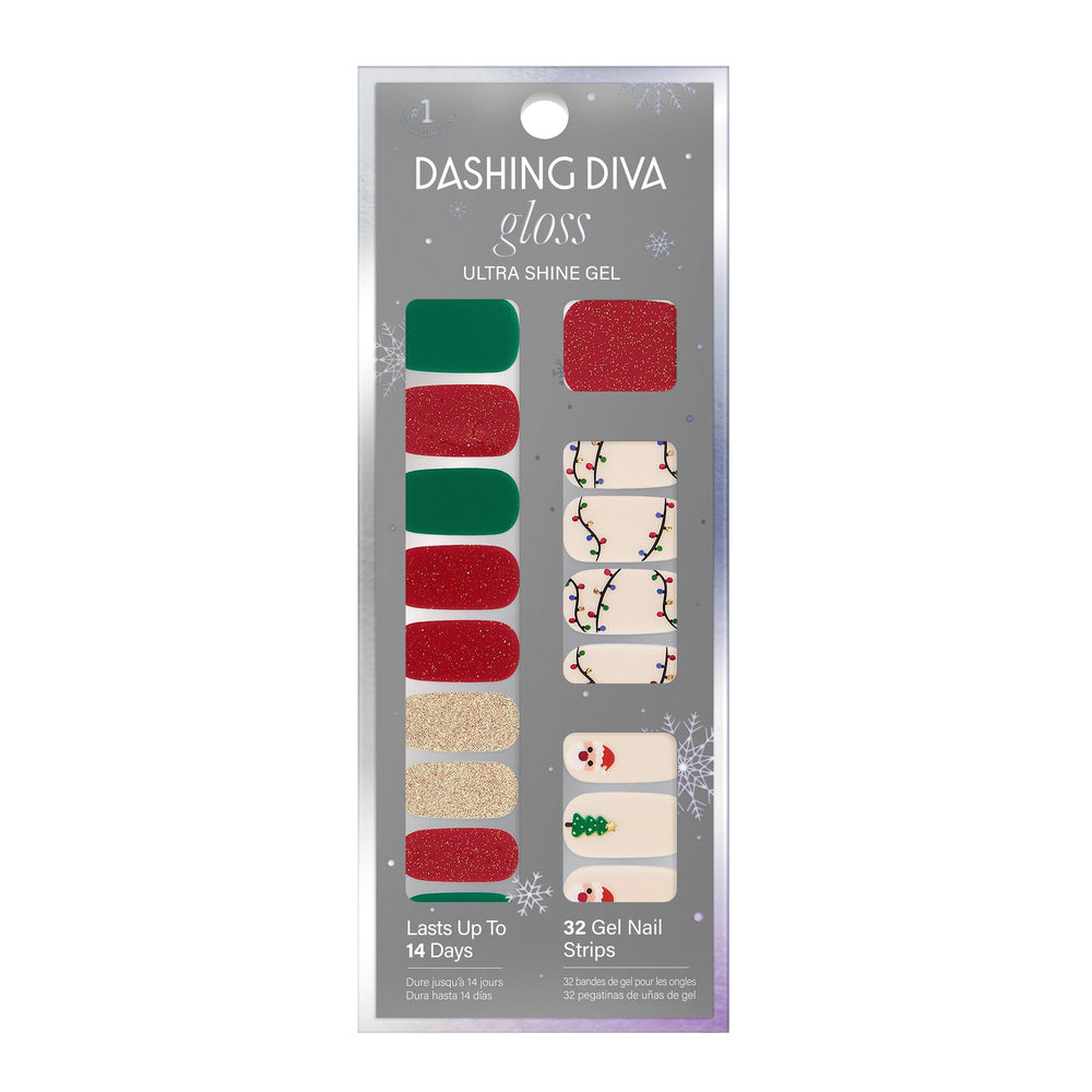 Dashing Diva Santa Baby nail strips pack with a glossy gel finish for quick at-home manicures.