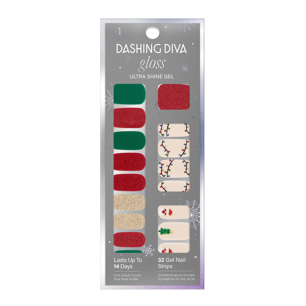 Dashing Diva Santa Baby nail strips pack with a glossy gel finish for quick at-home manicures.