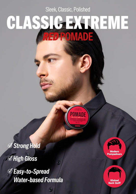 DASHU Classic Extreme Red pomade being applied for precise styling control.
