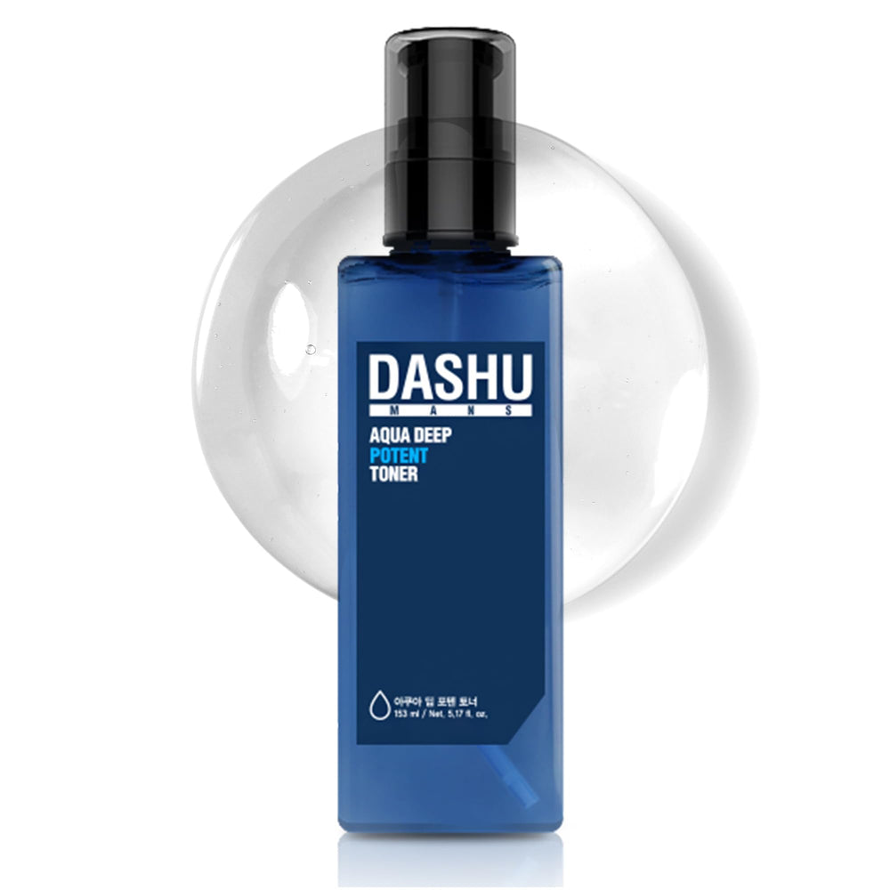 DASHU Mens Aqua Deep Potent Toner bottle front; refreshed skin and smoother pores.