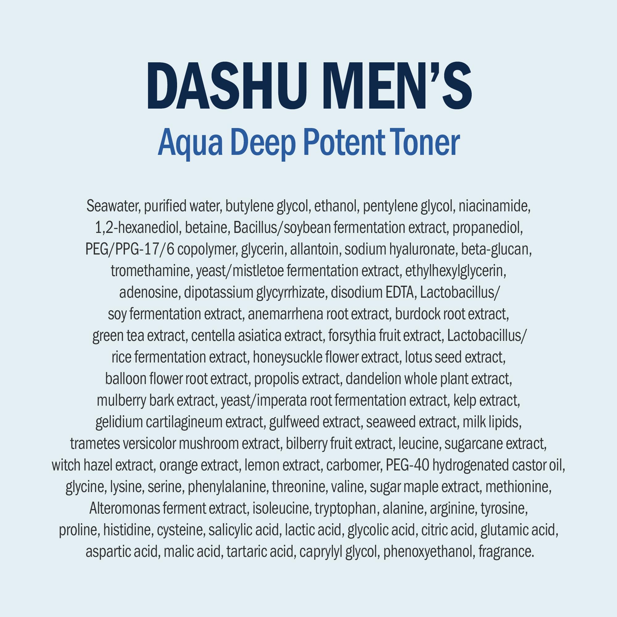 DASHU Mens Aqua Deep Potent Toner bottle suggesting hydration and fresh start.