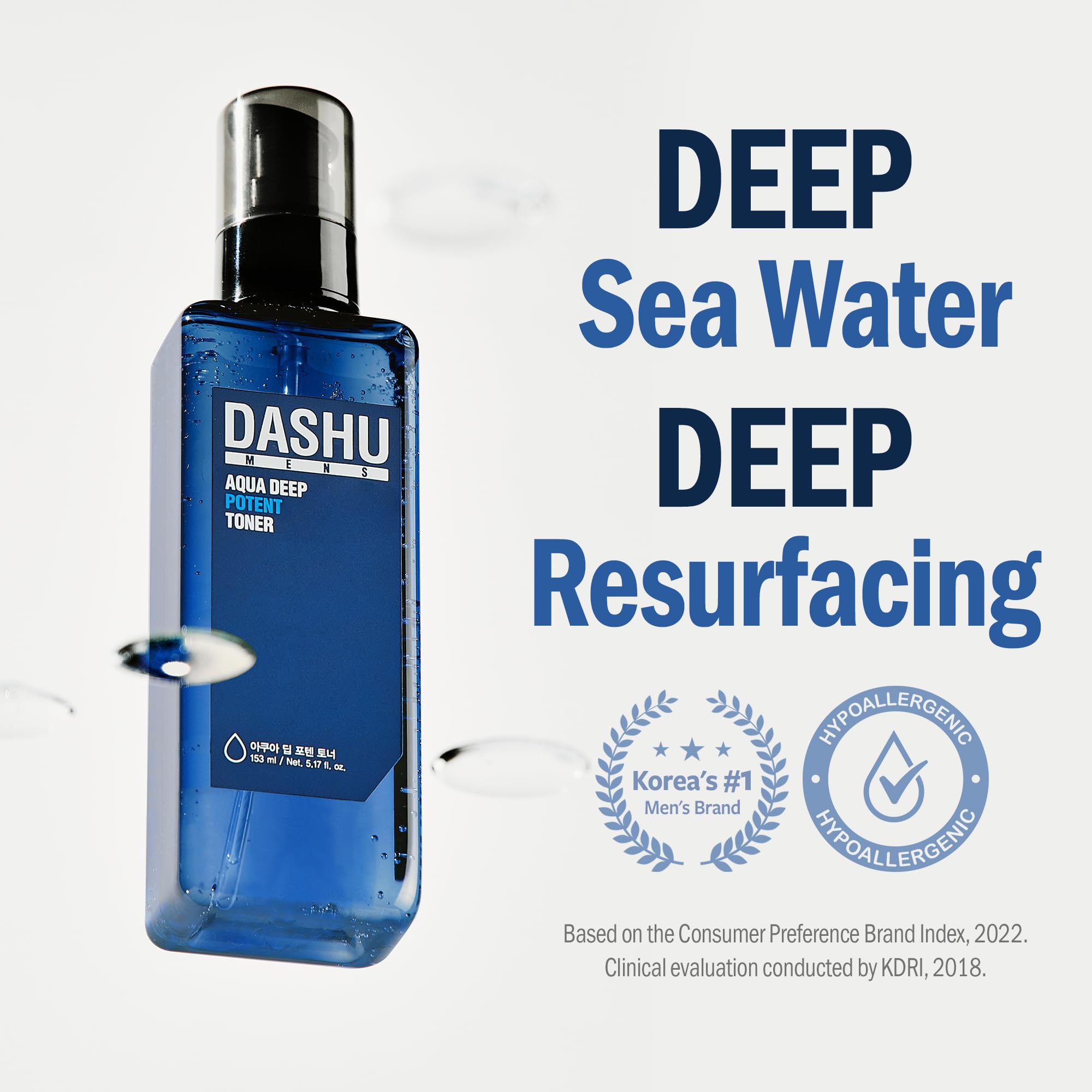 DASHU Mens Aqua Deep Potent Toner label close-up highlighting soothing formula.