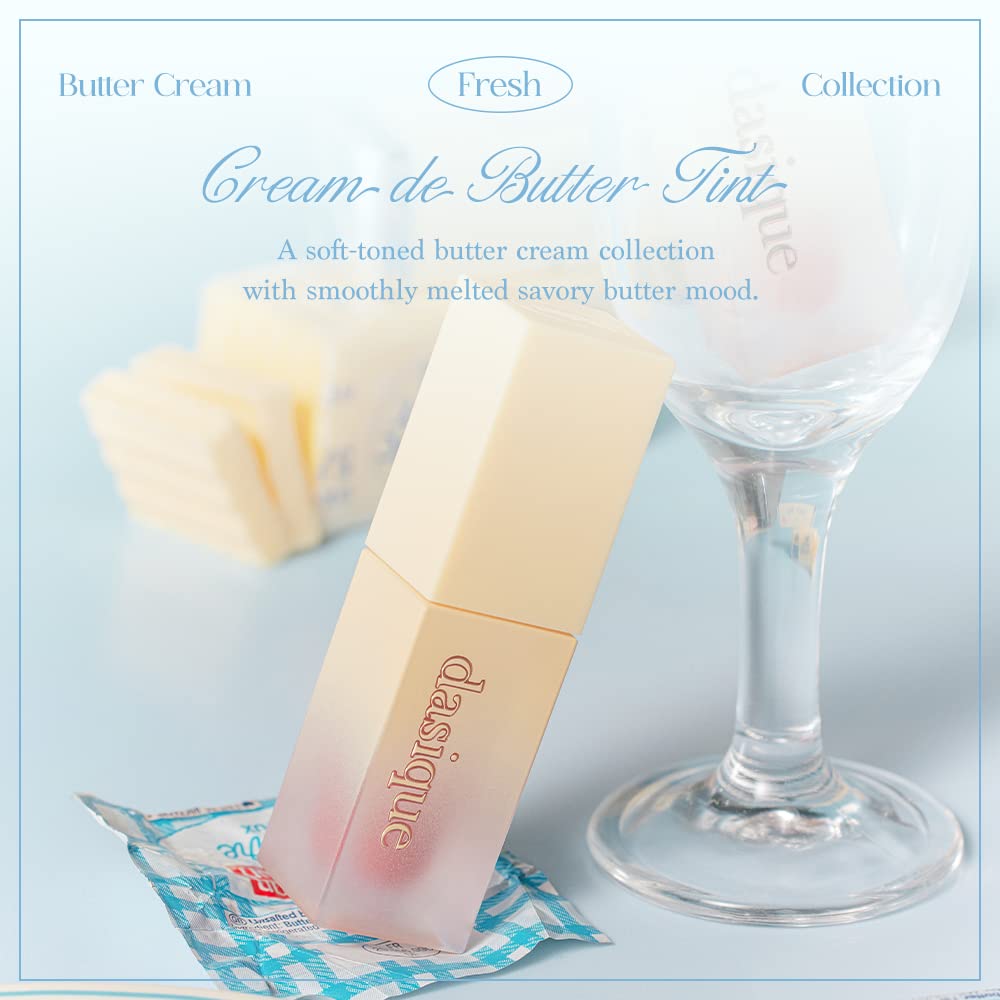Dasique Cream de butter Tint #03 Caramel Brick texture close-up highlights creamy velvet formula.