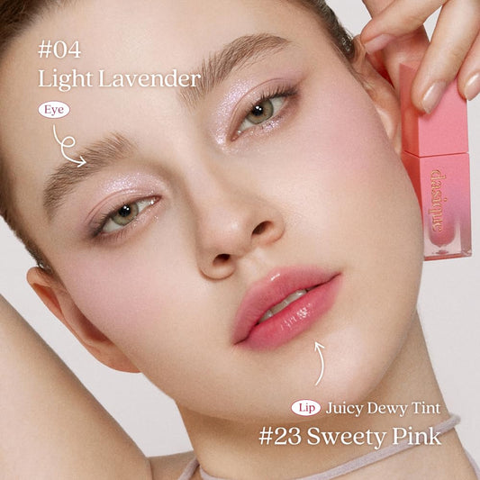 dasique Juicy Dewy Tint Sweety Pink lip swatch, lightweight gloss-stain illusion.