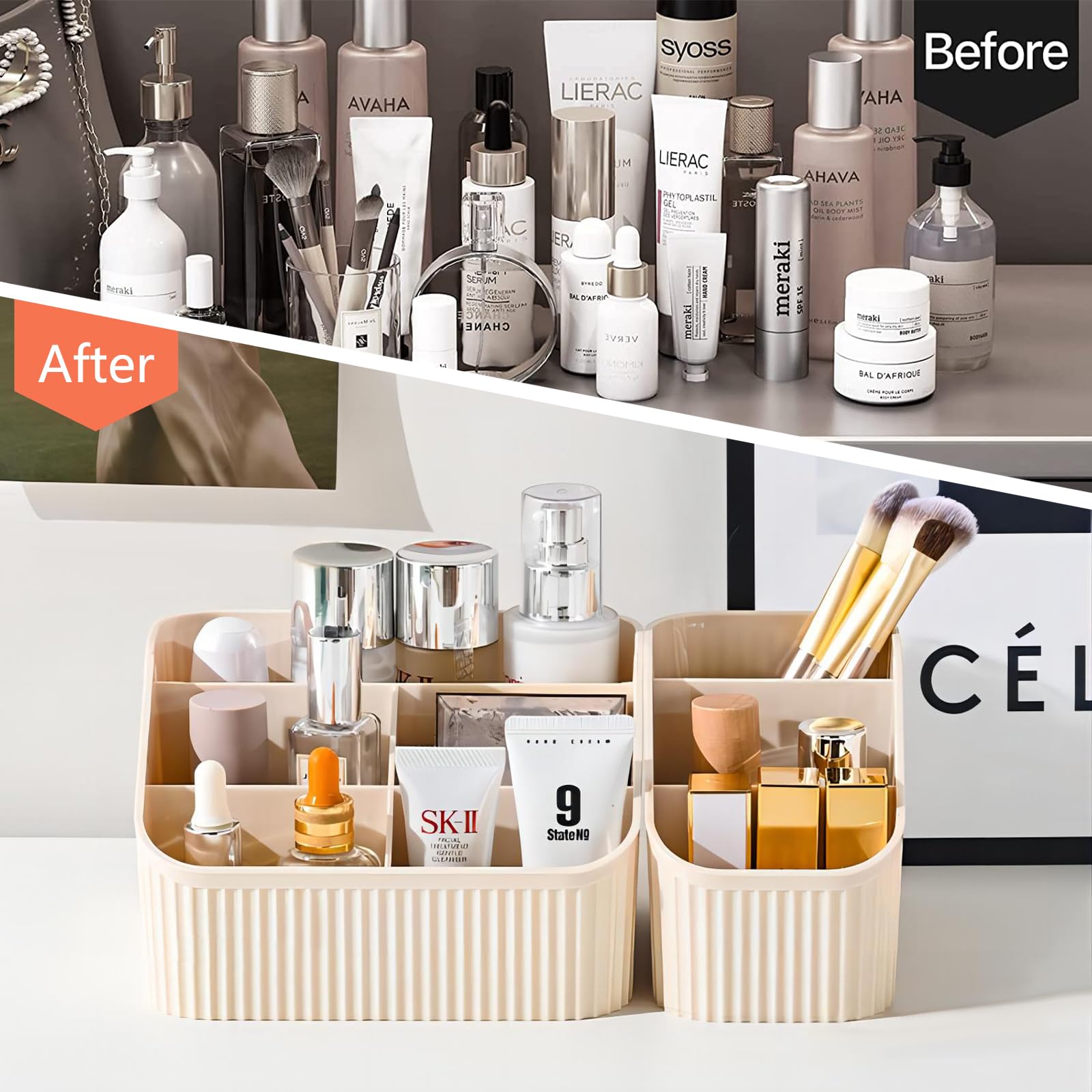 DASITON makeup organizer with built in mirror provides easy access to products on the vanity