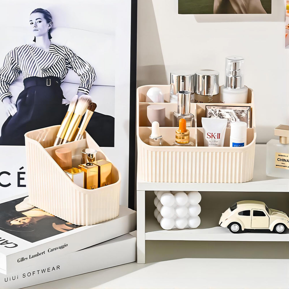 DASITON three-slots makeup brush cup in cream offers dedicated compartments for brushes and pencils