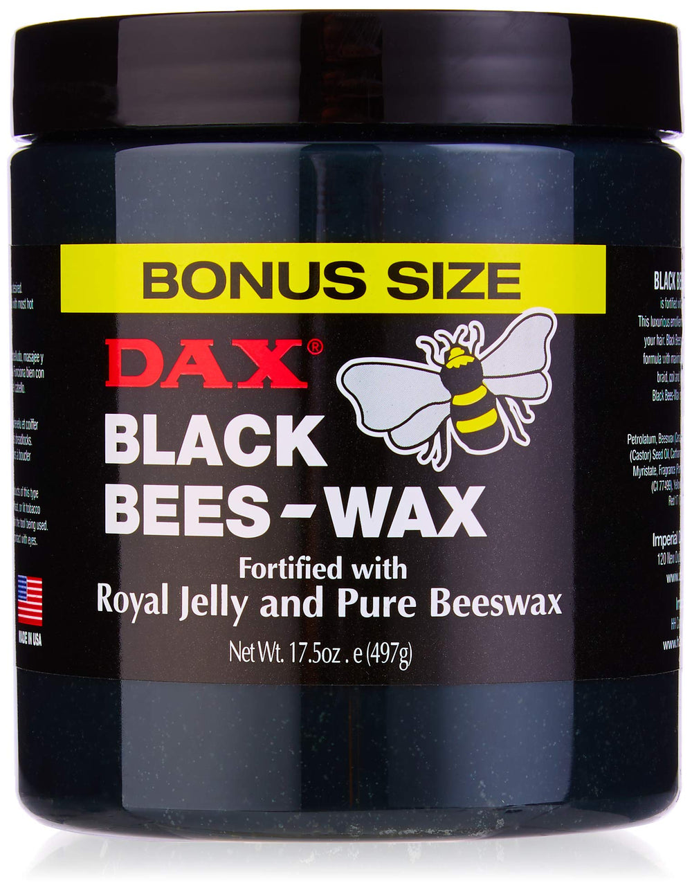 DAX Black Bees-Wax jar label highlights a leave-in conditioner for moisture and shine.