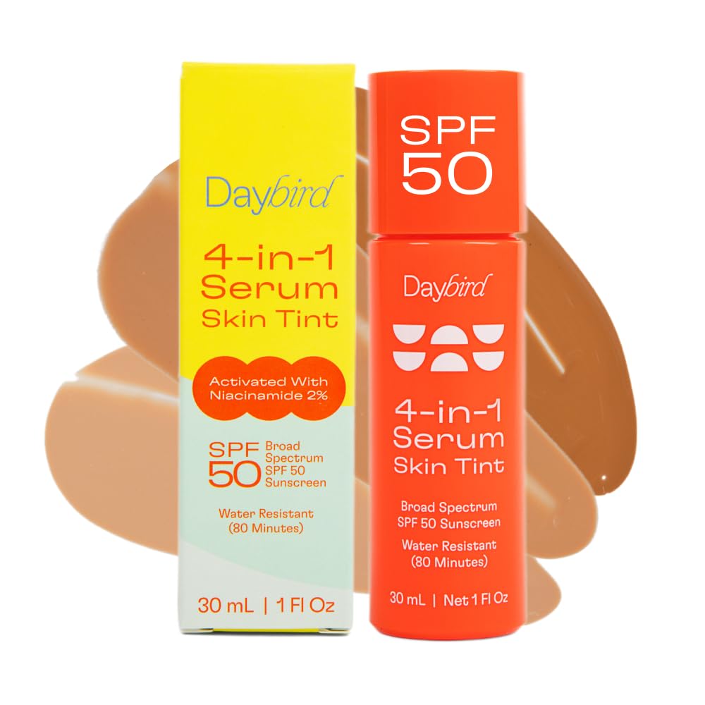 Daybird 4 in 1 tinted serum bottle close-up, vegan and gentle for sensitive skin.