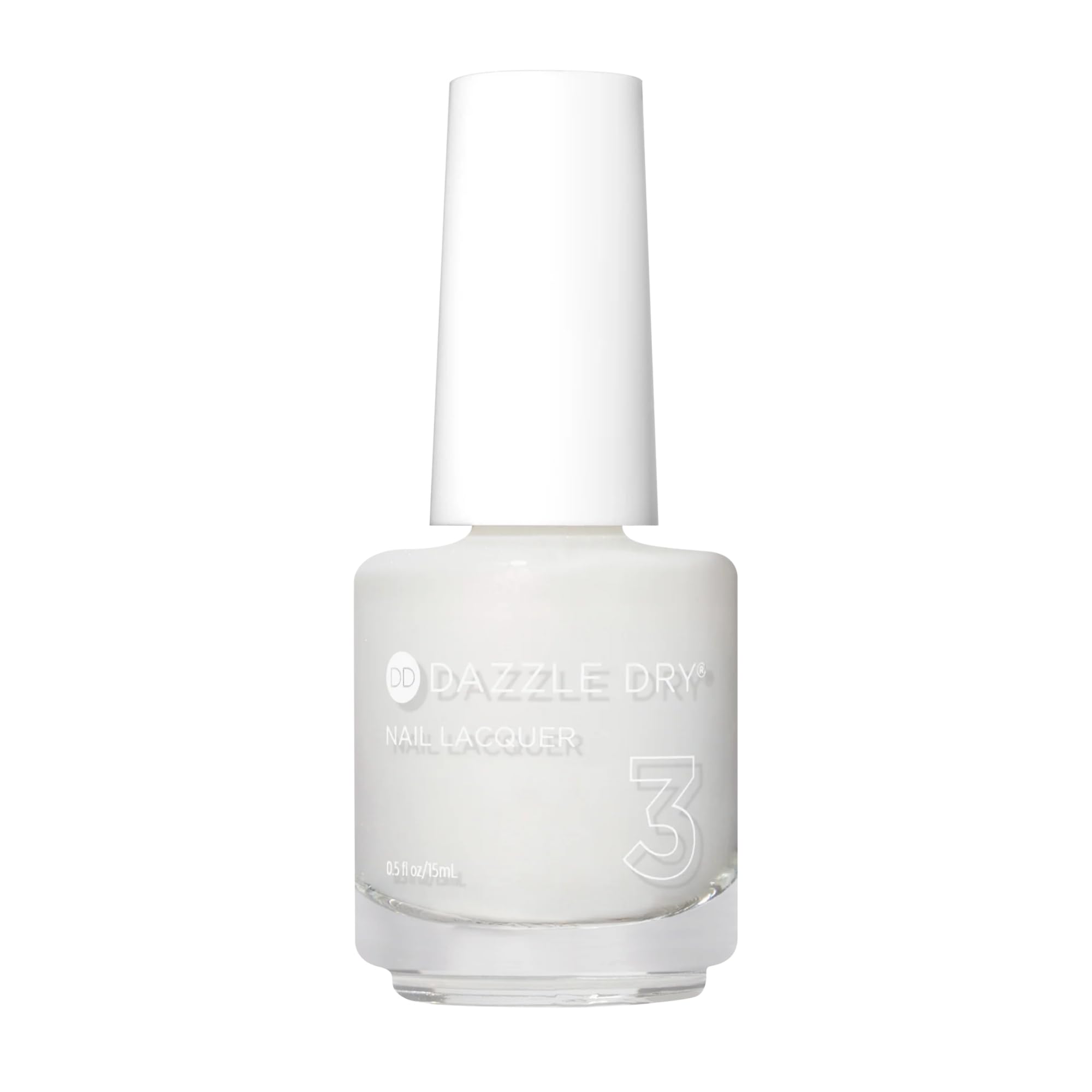 Dazzle Dry Poised bottle front showing semi-sheer iridescent white with pink shimmer for a delicate manicure