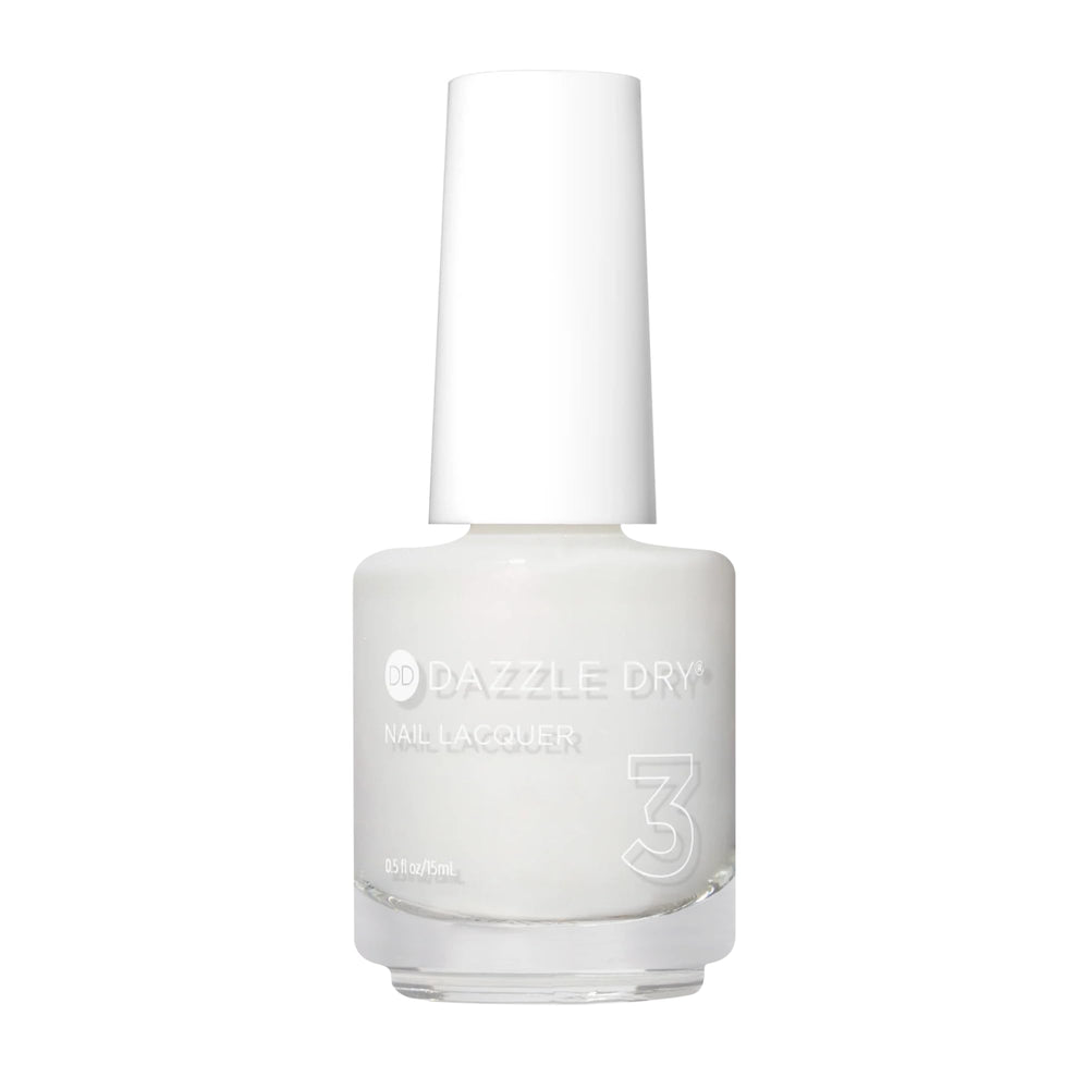 Dazzle Dry Poised bottle front showing semi-sheer iridescent white with pink shimmer for a delicate manicure
