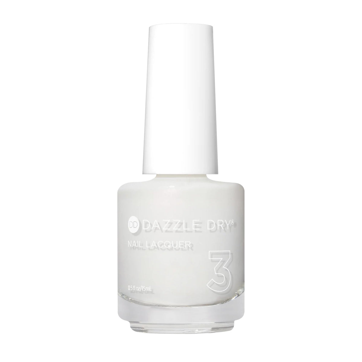 Dazzle Dry Poised bottle front showing semi-sheer iridescent white with pink shimmer for a delicate manicure