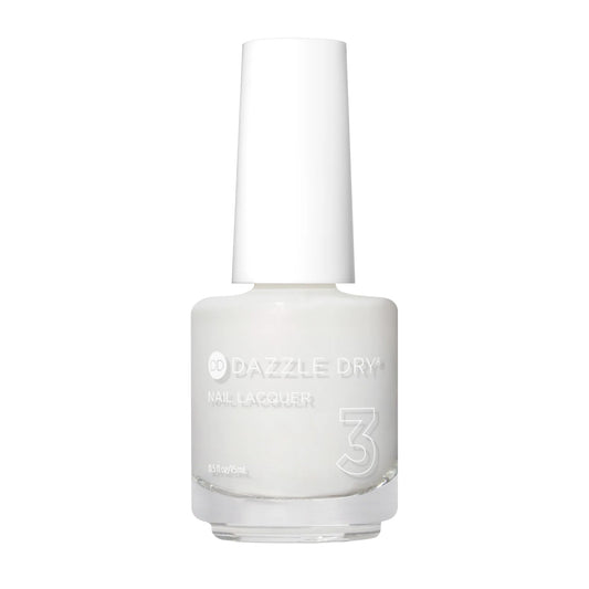 Dazzle Dry Poised bottle front showing semi-sheer iridescent white with pink shimmer for a delicate manicure
