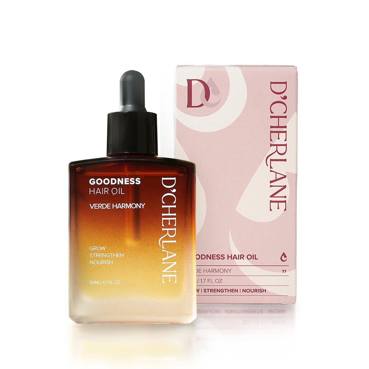 D'Cherlane Hair Growth Oil bottle showing lightweight, non-greasy scalp treatment for all hair types