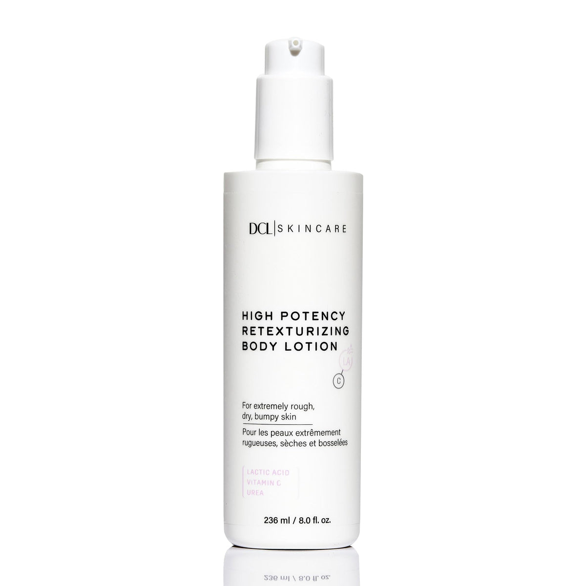 DCL Skincare high potency retexturizing body lotion bottle showing product focus and texture potential benefits