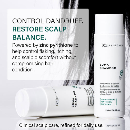 DCL Zoma shampoo back label highlighting zinc pyrithione for dandruff control.