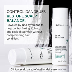 DCL Zoma shampoo back label highlighting zinc pyrithione for dandruff control.