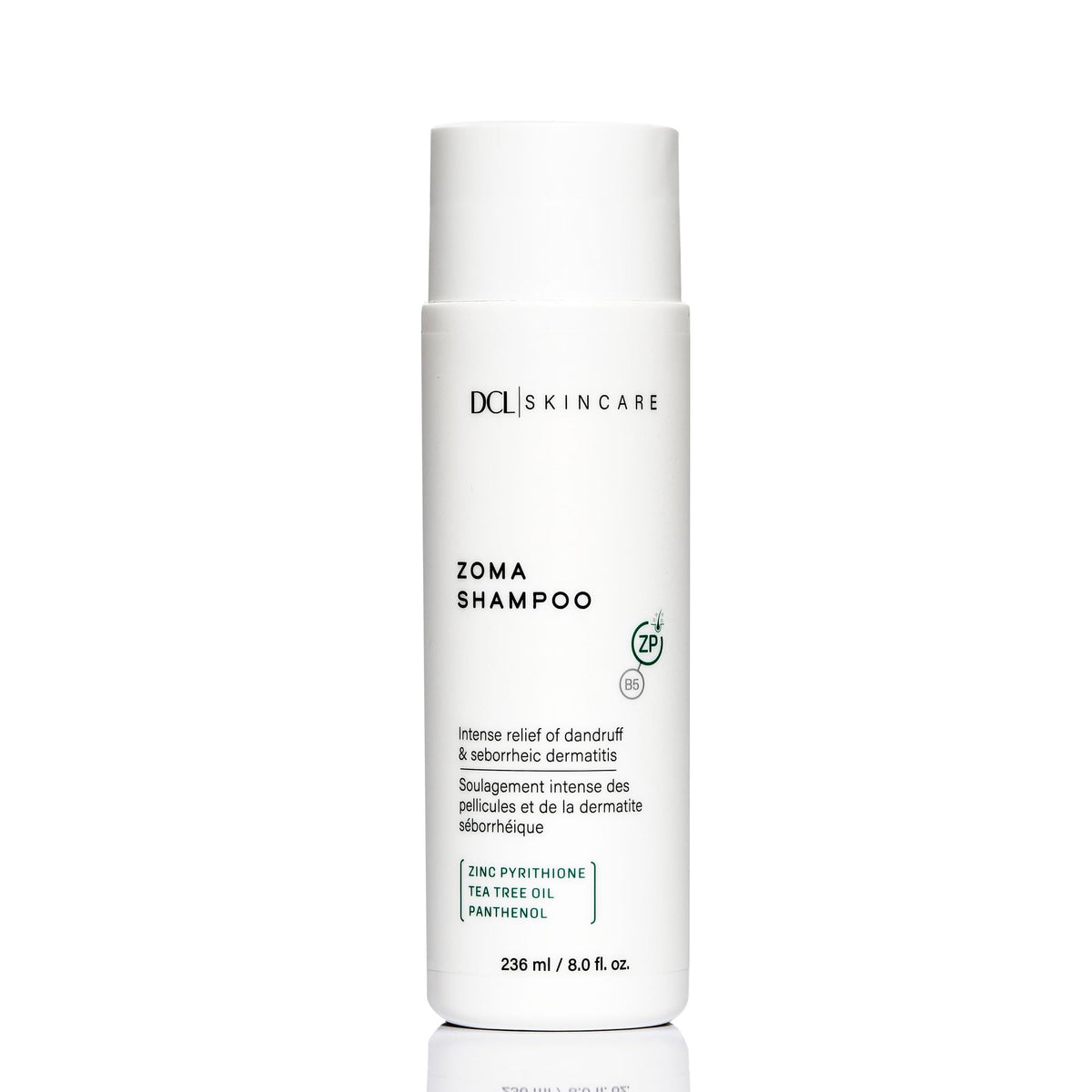 DCL Zoma Dandruff Control Shampoo bottle for gentle cleansing on flaky scalp.
