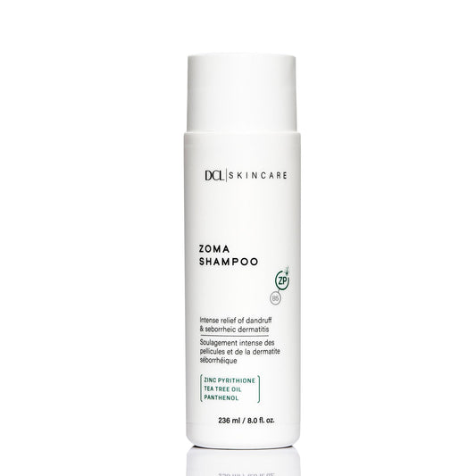 DCL Zoma Dandruff Control Shampoo bottle for gentle cleansing on flaky scalp.