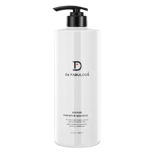 De Fabulous Reviver Hair Repair Shampoo bottle pour highlights easy cleansing for damaged hair
