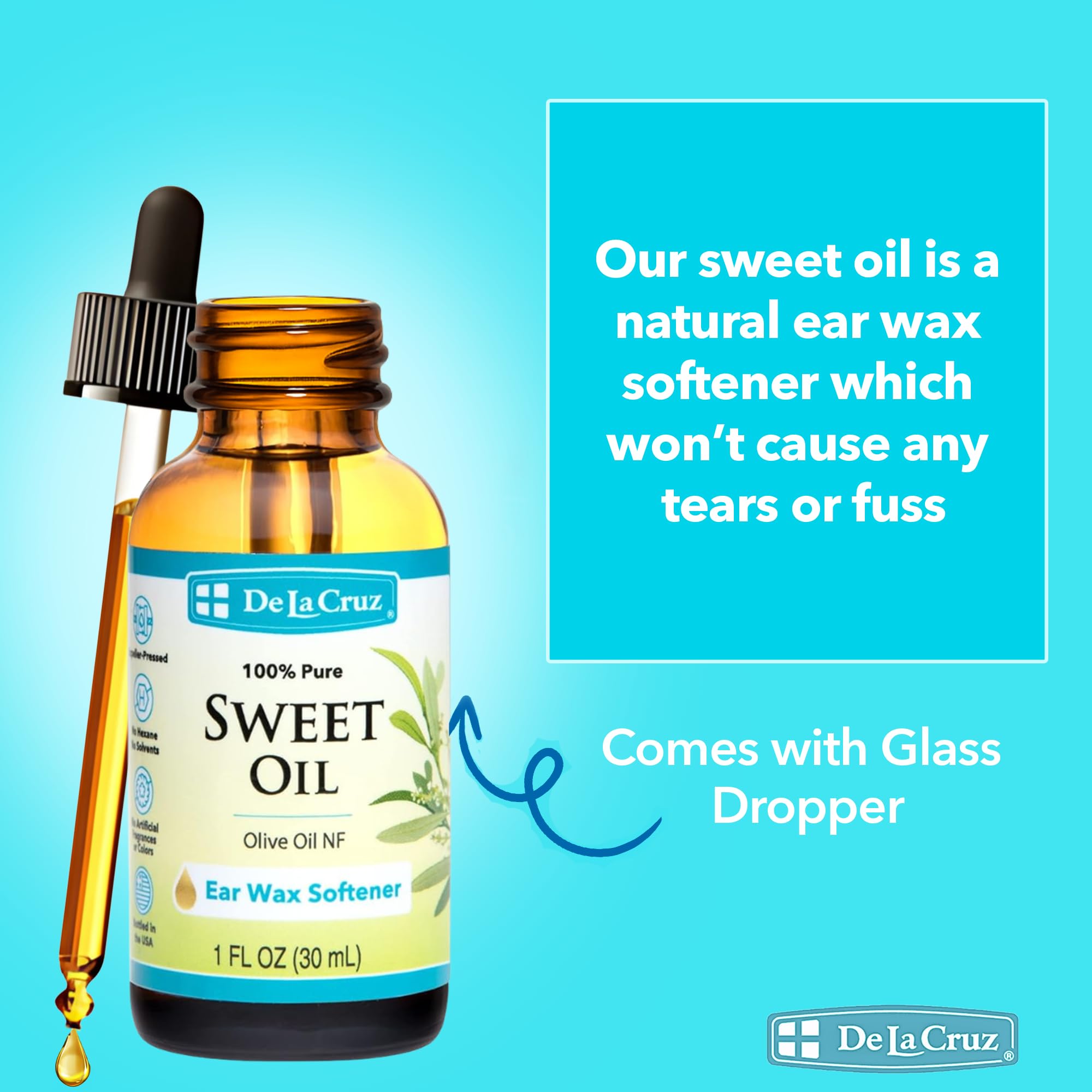 De La Cruz ear wax remover drops being poured for easy application.