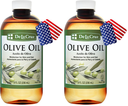 De La Cruz Pure Olive Oil bottle front view for hair and skin care