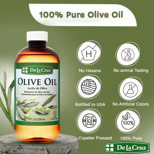 De La Cruz Pure Olive Oil bottle label close-up showing hexane-free USA-made origin