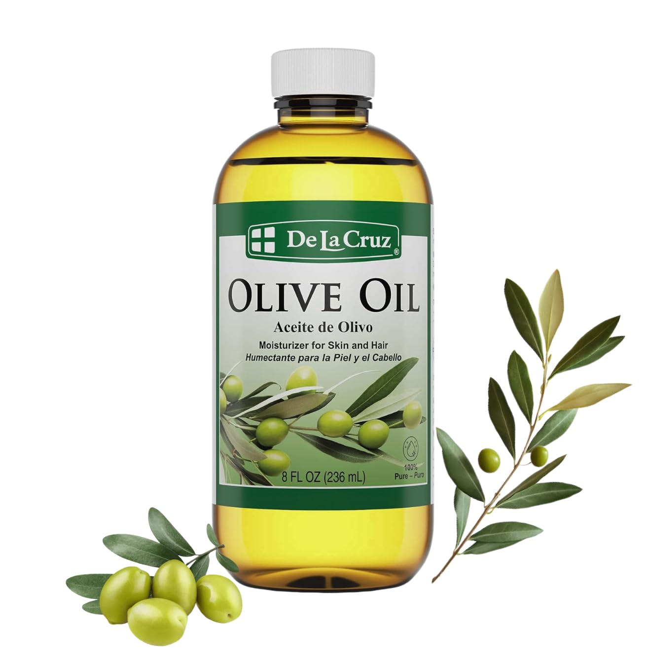 De La Cruz Pure Olive Oil bottle shown for moisturizing hair and skin benefits.