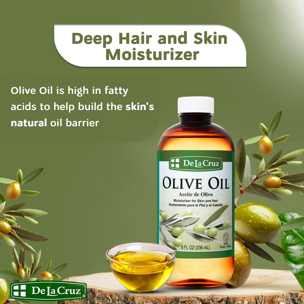De La Cruz Pure Olive Oil on hair ends helps reduce frizz and split ends.