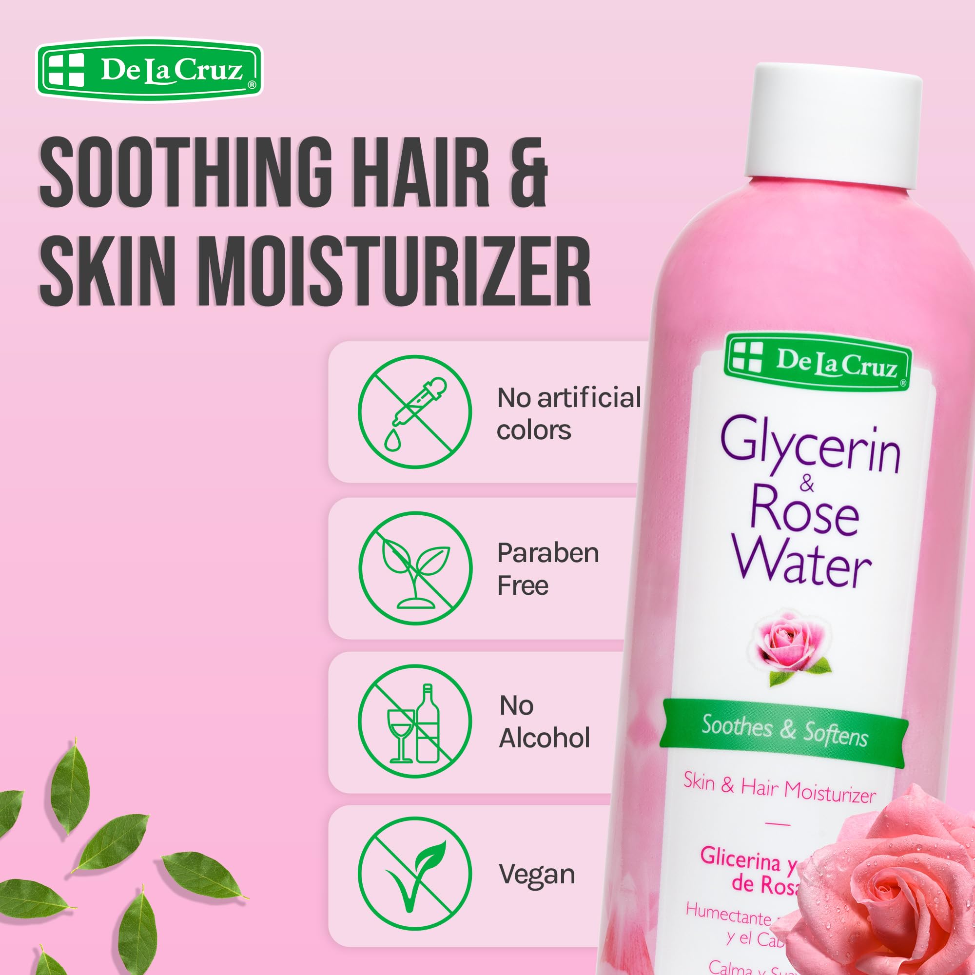 De La Cruz Rose Water and Glycerin bottle back showing ingredients and USA-made quality.